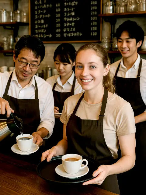 a working holiday traveler at her job at a cafe in Japan. Start your working holiday Japan with ENJ and grow your personality