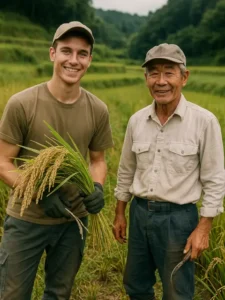 Farmer and young traveler on a rice field. Start your working holiday Japan with ENJ and make life changing experiences during your adventure!